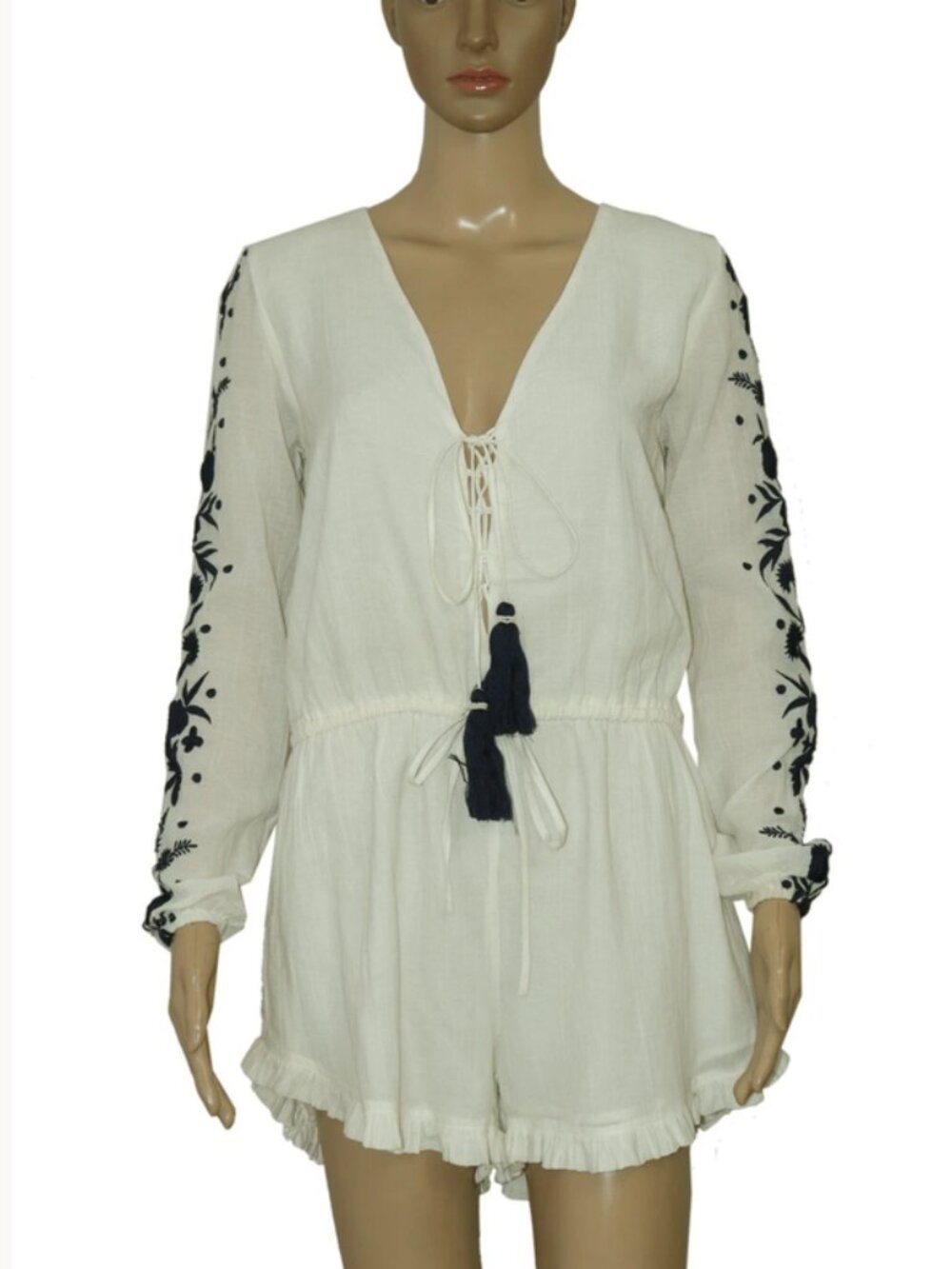 Urban Outfitters Floral Embroidered Long Sleeve Ivory Lace Up Tunic Romper S